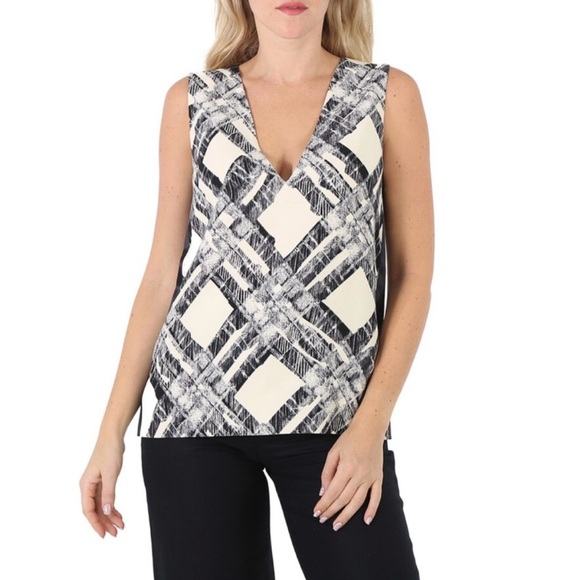Burberry Tops - Burberry Ladies Check
Print Wool Silk V-back Top, Size 2 NWT